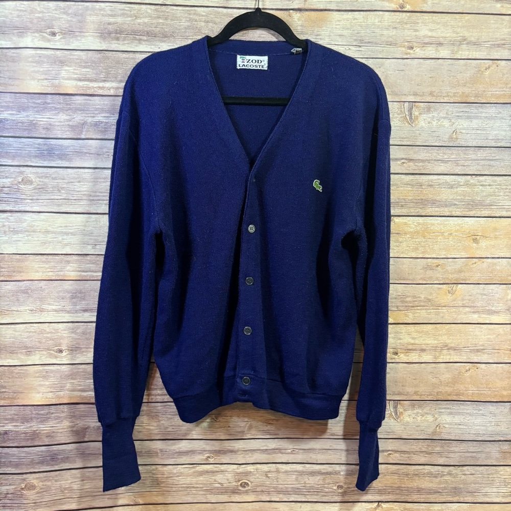 Vintage Izod Lacoste Sweater Mens Blue Cardigan Orlon Acrylic Knit USA Made 80s